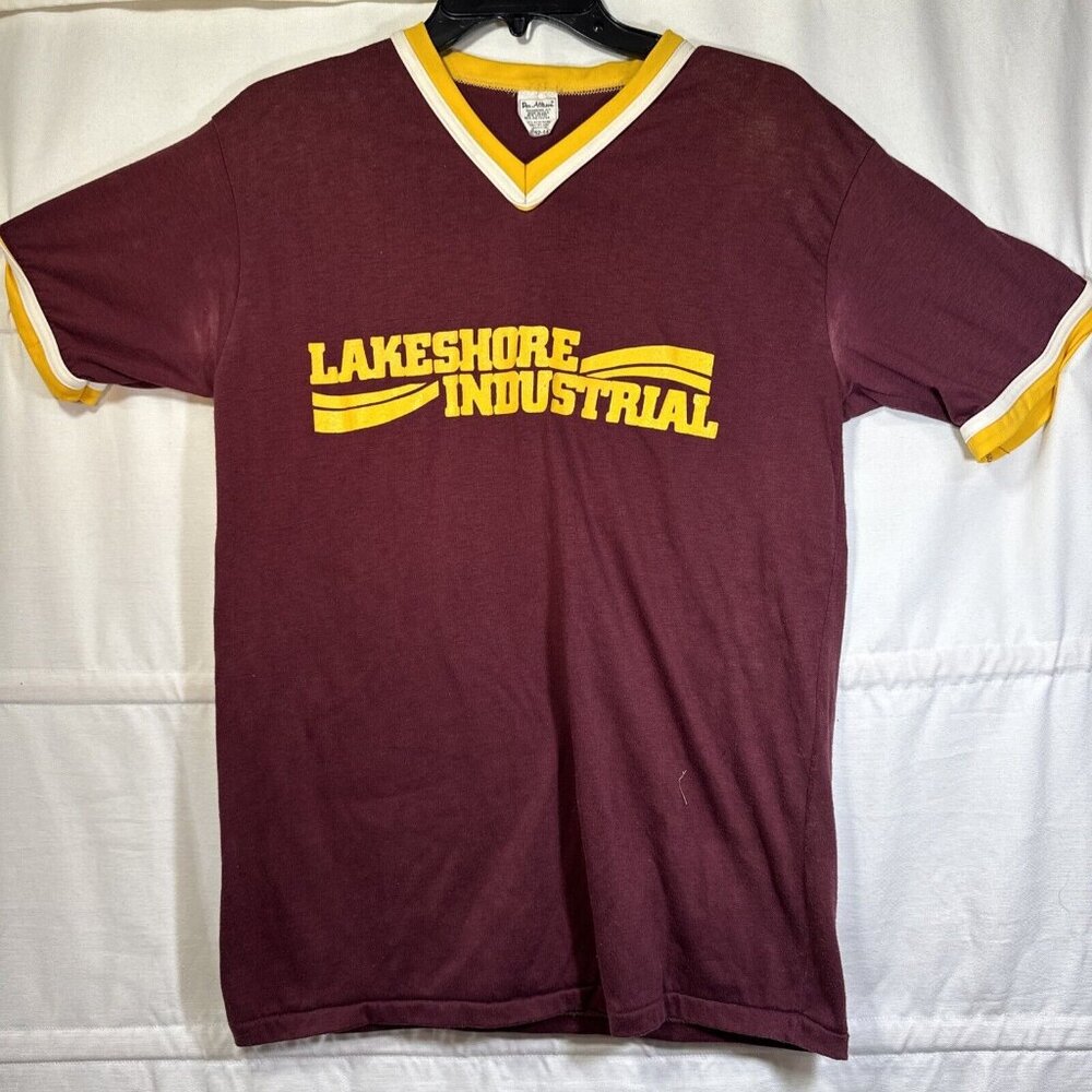 VTG 70s Lakeshore Industrial V-neck Team T-Shirt Jersey Sz L #17 Don Alteson USA